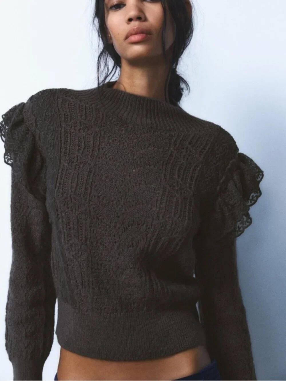 Zara Gray Lace Ruffle Trim Mockneck Cropped Sweater